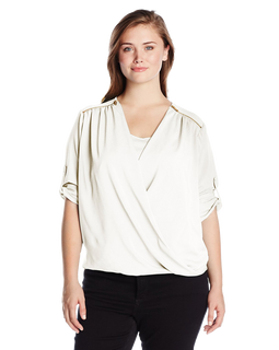 Calvin Klein Women's Plus Size V Neck Draped Roll Sleeve Top Blouse
